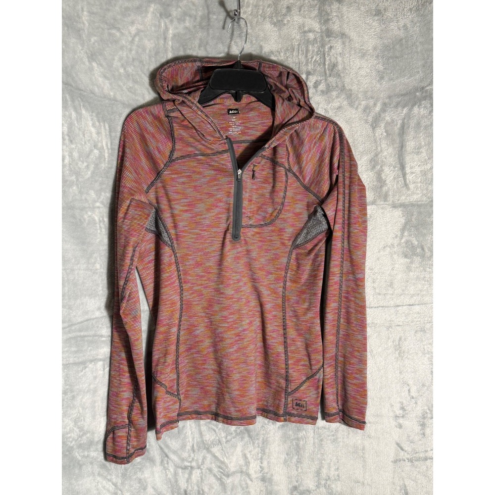 REI Co-op Womens Quarter Zip Hooded Pullover Space Dye Stripe Pink Orange M